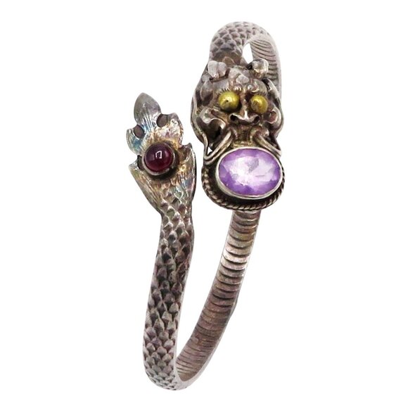 Vintage Sterling Silver Amethyst Snake Serpent Dragon Bangle/Cuff Style Bracelet - Picture 4 of 11